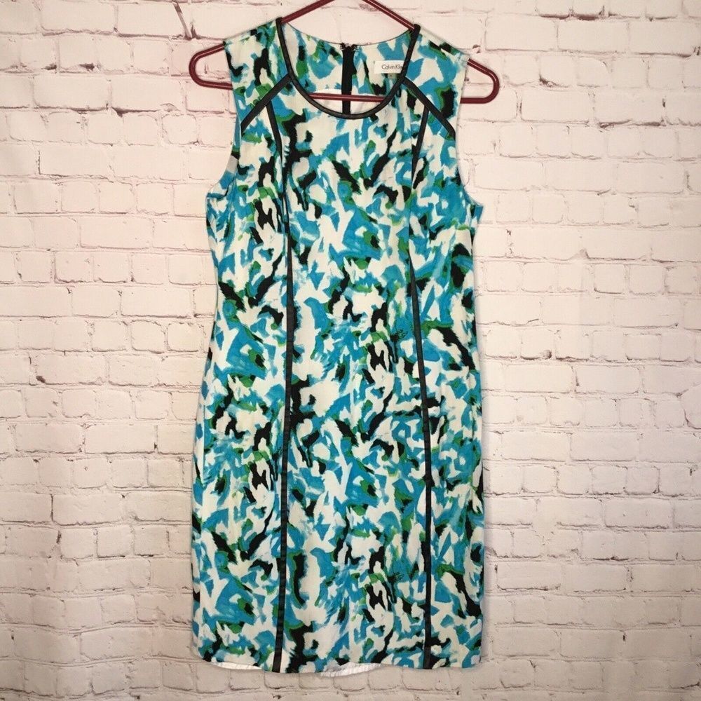 Calvin Klein Sleeveless Shift Mini Dress Women Size 4 White/Green/Blue Linen Bl.